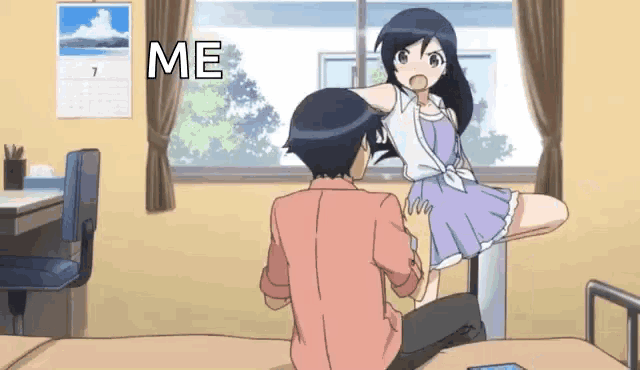 a girl in a purple dress is sitting on a man 's lap in a room with the word me above her