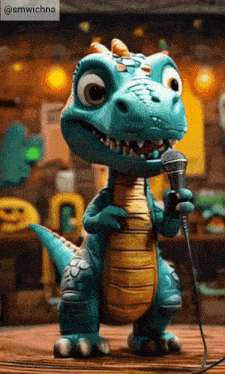 a cartoon dinosaur is singing into a microphone with a caption that says @smwichna