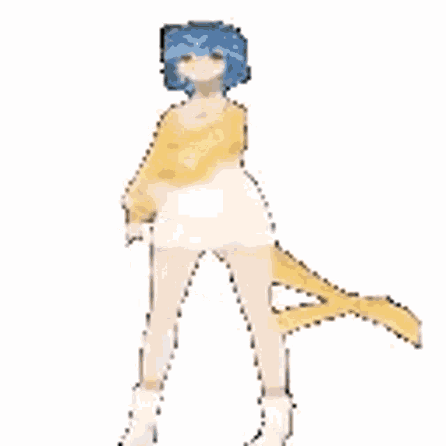 a cartoon girl in a yellow dress is dancing with her arms outstretched .