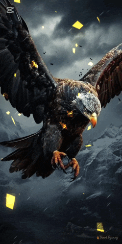a bald eagle is flying over a snowy mountain with the letters x and y visible in the background