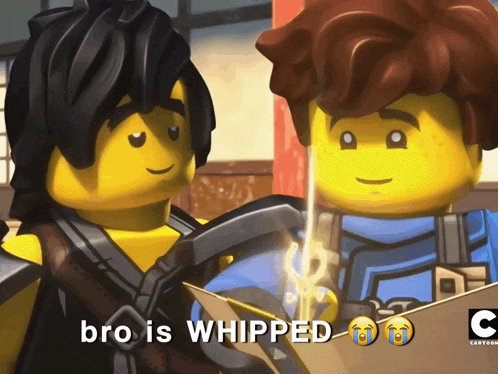 two lego ninjago characters are standing next to each other with the words bro is whipped on the bottom