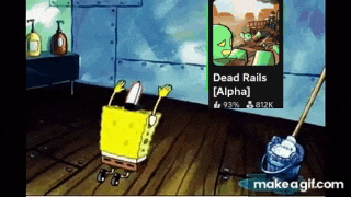 a cartoon of spongebob cleaning the floor with a mop and dead rails alpha on the wall behind him