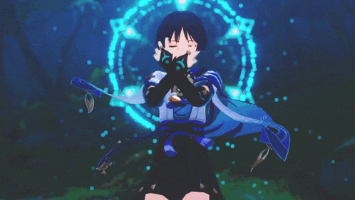 a blue haired anime character with a necklace on his neck