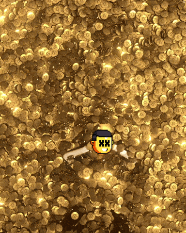 a pile of gold coins with a pixelated character with a x on his face
