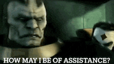 a cartoon character is asking how may i be of assistance while holding a gun .