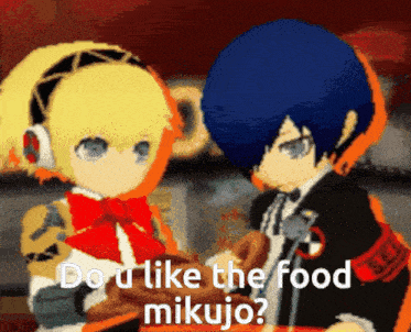 a cartoon of a boy and a girl with the words do u like the food mikujo on the bottom