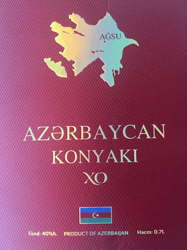 a bottle of azerbaijan konyaki xo has a map of the country on it