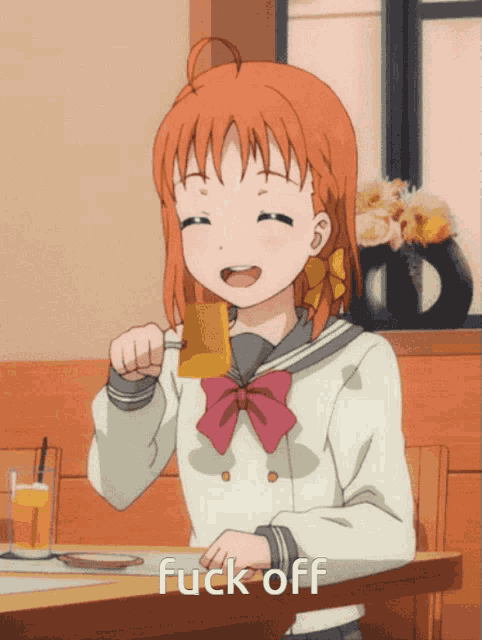 a girl in a school uniform is sitting at a table holding a piece of bread with the words " fuck off " below her