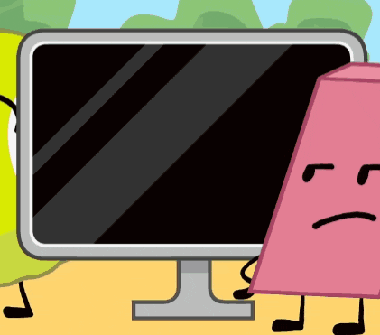 a cartoon character with a sad face stands in front of a computer monitor