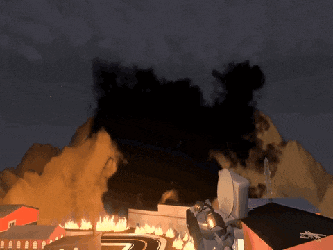 a computer generated image shows a building on fire