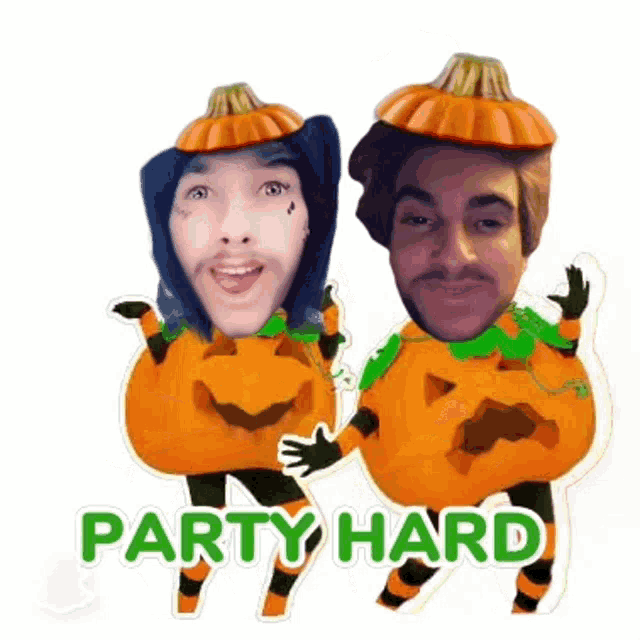 two men dressed as pumpkins with their faces on them and the words party hard on the bottom .