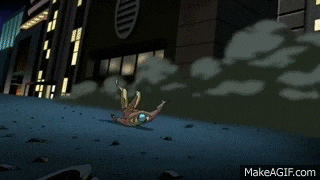 the flash from the animated series is standing in front of a building with lightning coming out of his arms .
