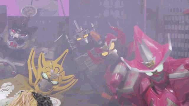 a pink robot is standing in front of a city with buildings .