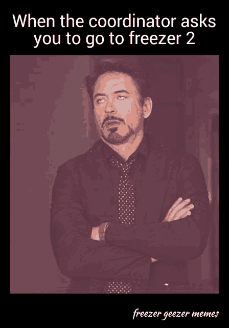a picture of robert downey jr. with the caption when the coordinator asks you to go to freezer