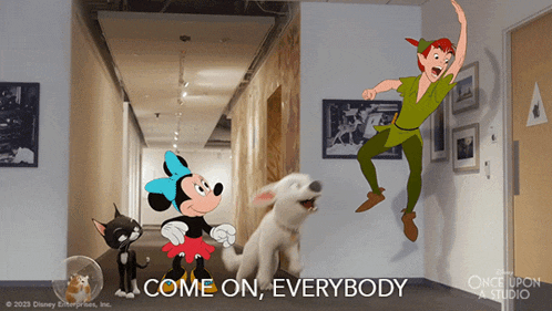 a poster for disney 's once upon a studio showing mickey mouse peter pan and bolt