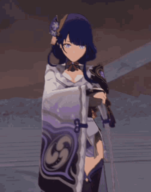 a purple haired anime character holding a sword and shield