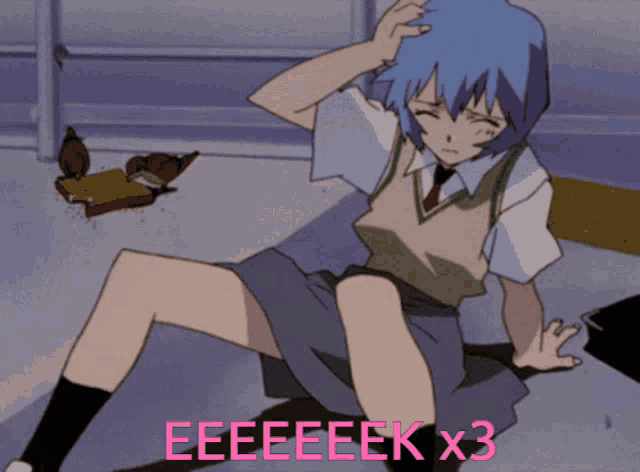 a girl with blue hair is sitting on the ground with the words eeeeek x3 above her