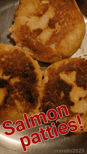 a close up of salmon patties with the year 2025 on the bottom