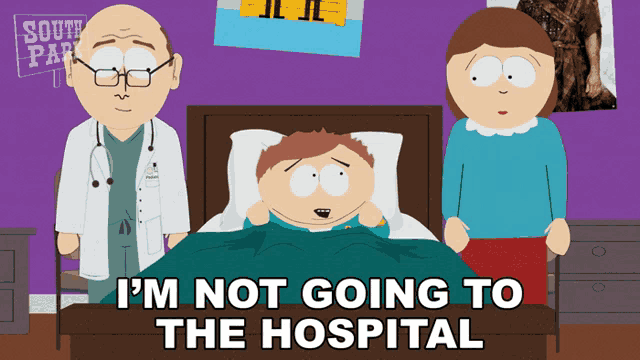 a cartoon of a boy in a hospital bed with the words i 'm not going to the hospital below him
