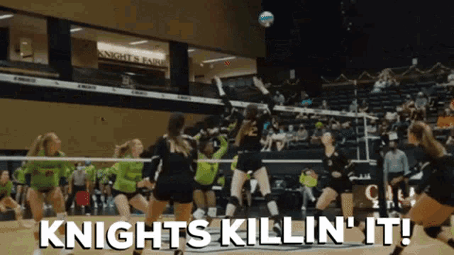 a group of girls playing volleyball with the words knights killin ' it in the corner
