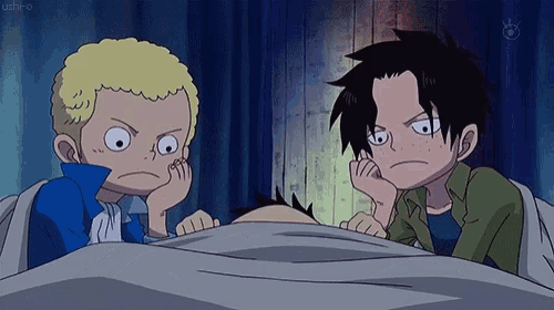 a couple of cartoon characters looking over a bed with the word ushi-o on the bottom