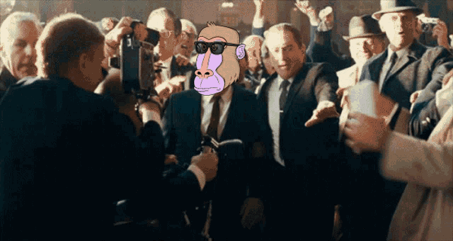 a man in a suit with a monkey on his face is surrounded by a crowd of people