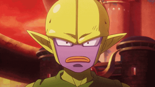 a cartoon character with a purple face and yellow ears