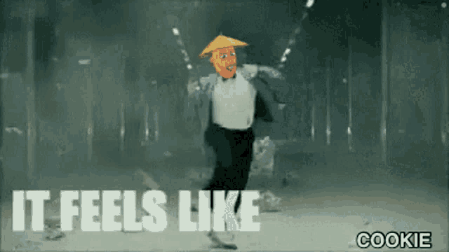 a video of a man dancing with the words " it feels like cookie " below him