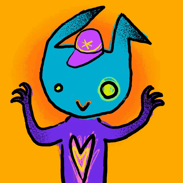 a colorful drawing of a rabbit with a hat and a heart on his chest