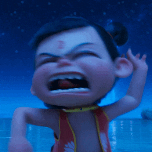 a close up of a cartoon character crying with a blue sky in the background