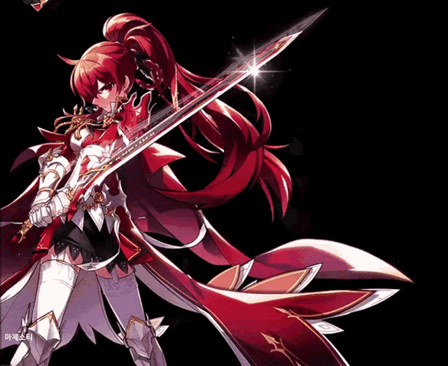 a girl with long red hair is holding a sword in her hand
