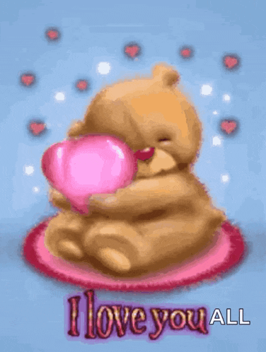 a teddy bear is holding a pink heart and saying `` i love you '' .