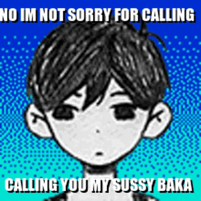 a drawing of a boy with the words `` no im not sorry for calling calling you my sussy baka '' .