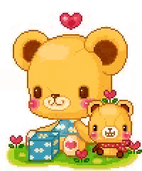 a pixel art of a teddy bear and a smaller teddy bear sitting next to each other .