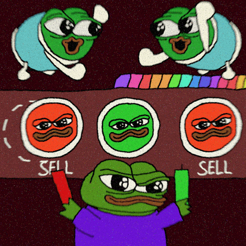 a cartoon of a frog holding a red card with the words sell on it