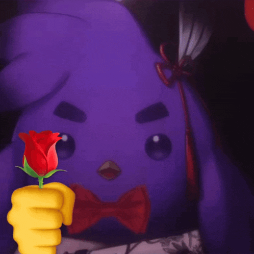 a yellow hand holding a red rose next to a purple bird