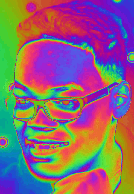 a rainbow colored portrait of a young man wearing glasses