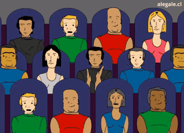 a group of people are sitting in a row with the website alegale.cl at the top