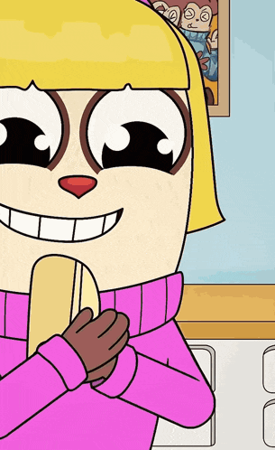 a cartoon character in a pink sweater holds a banana