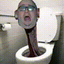 a man with his head sticking out of a toilet