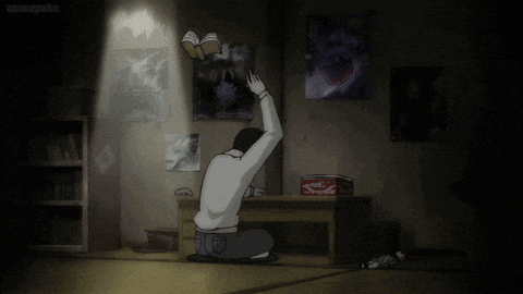 a man is kneeling down in a dark room with the words not that it matters on the bottom