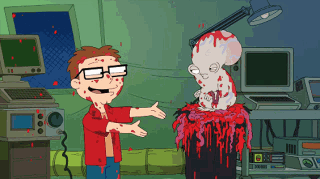 a cartoon of a man with blood on his face standing next to a statue of a baby
