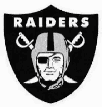 a black and white logo for the raiders with a man wearing a helmet and sword .