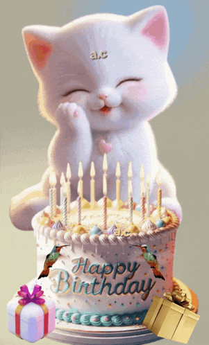 a happy birthday cake with a cat on it