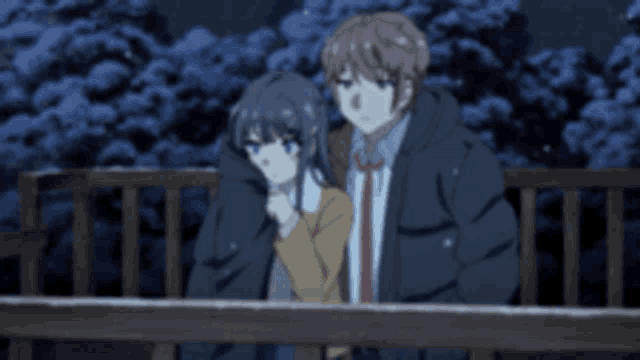 a man and a woman are standing next to each other on a railing .
