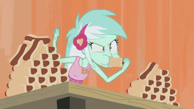 a cartoon of a girl with headphones eating a hamburger