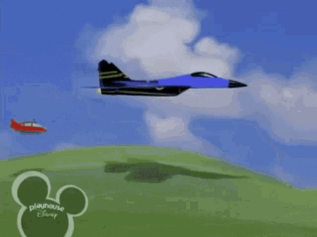 a playhouse disney cartoon shows a fighter jet flying over a green hillside