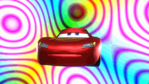 lightning mcqueen from the movie cars is flying through a colorful background
