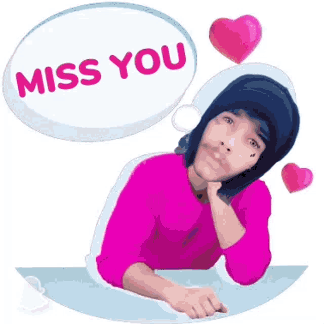 a man in a pink shirt is sitting at a table with a speech bubble that says `` i miss you '' .