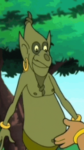 a cartoon character is standing next to a person 's hand and smiling
